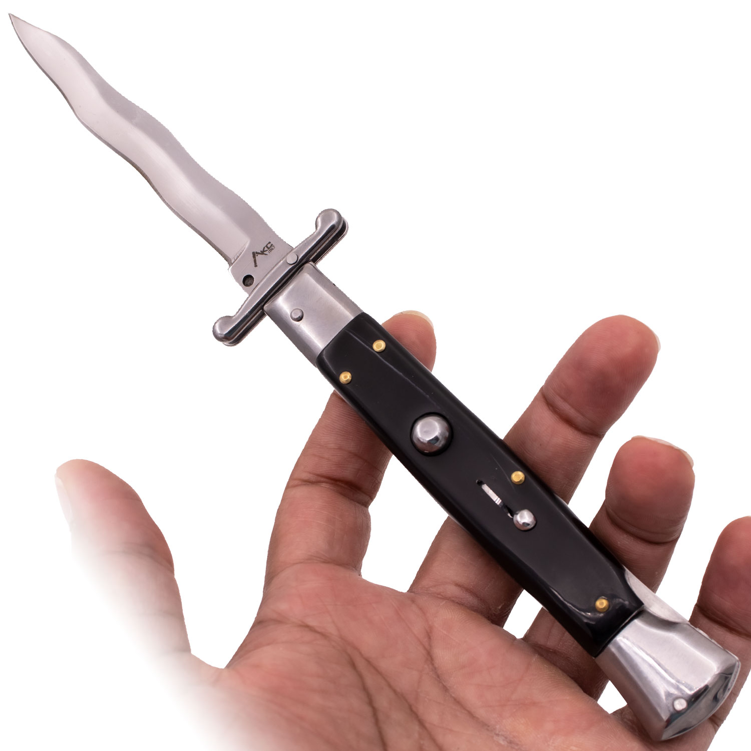 AKC 9.60 Inch Automatic Italiano Knife with Guard Kriss (Black and White Pearl)